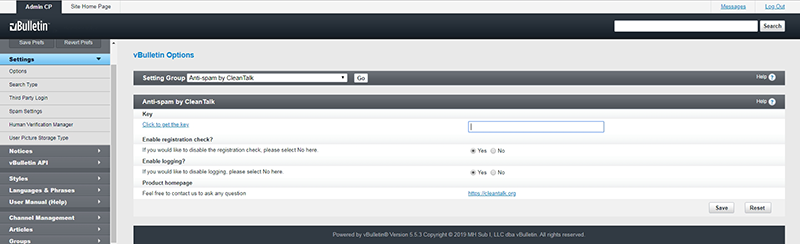 CleanTalk Anti-spam for Vbulletin - options screen